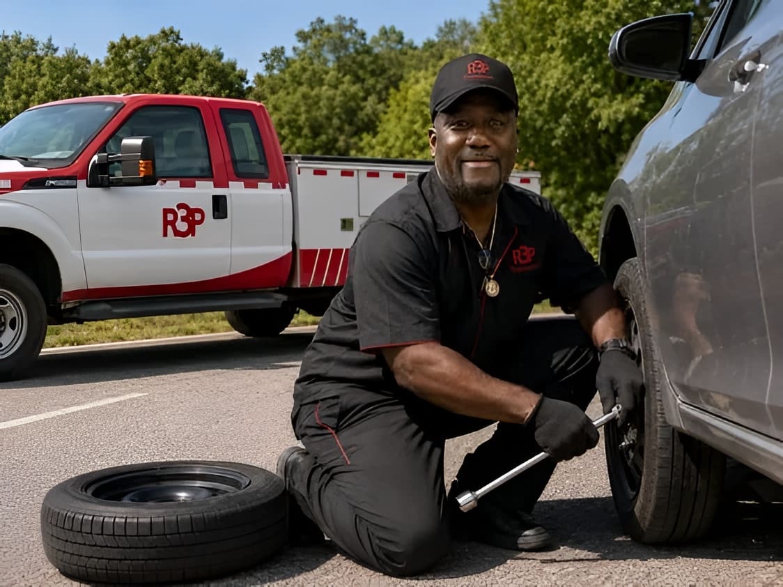 R3P Transport technician changing a flat tire on the roadside