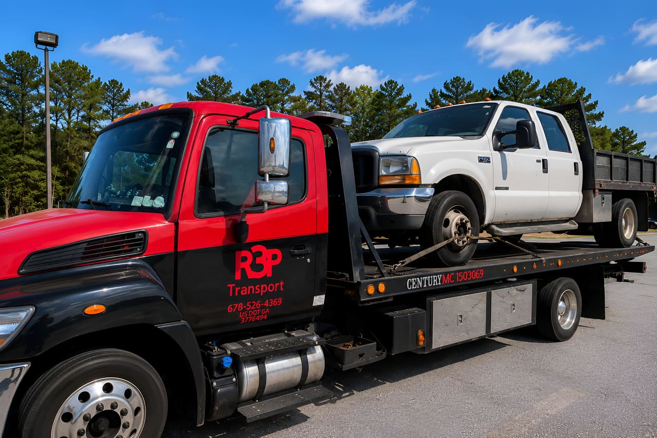 R3P Transport rollback towing a commercial work truck